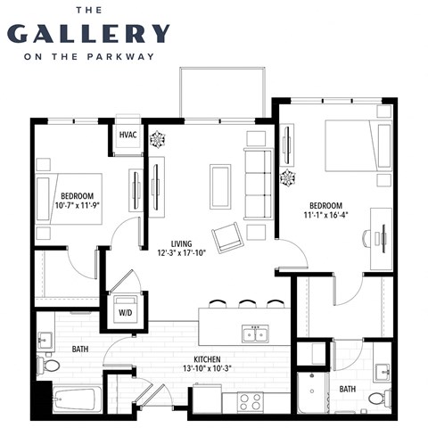 Floor plan for 2 beds, 2 baths, 1091 sqft